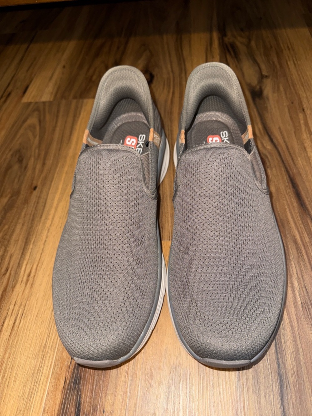 Skechers Men's Slip-On Knit Sneakers in Gray with Tan Accents